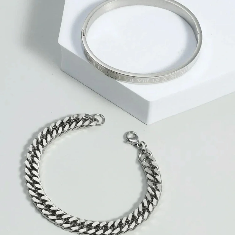 Men Chain Bracelet & Roman Numerals Bangle
